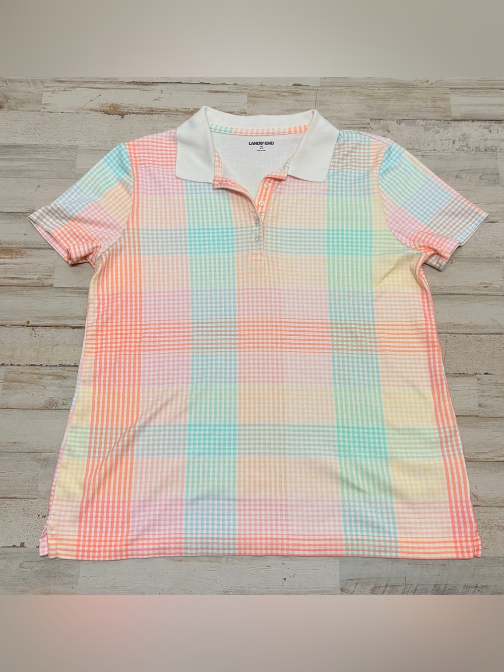 Lands End Women’s Button Up Shirt Polo Collar Rainbow Plaid 100% Cotton Medium